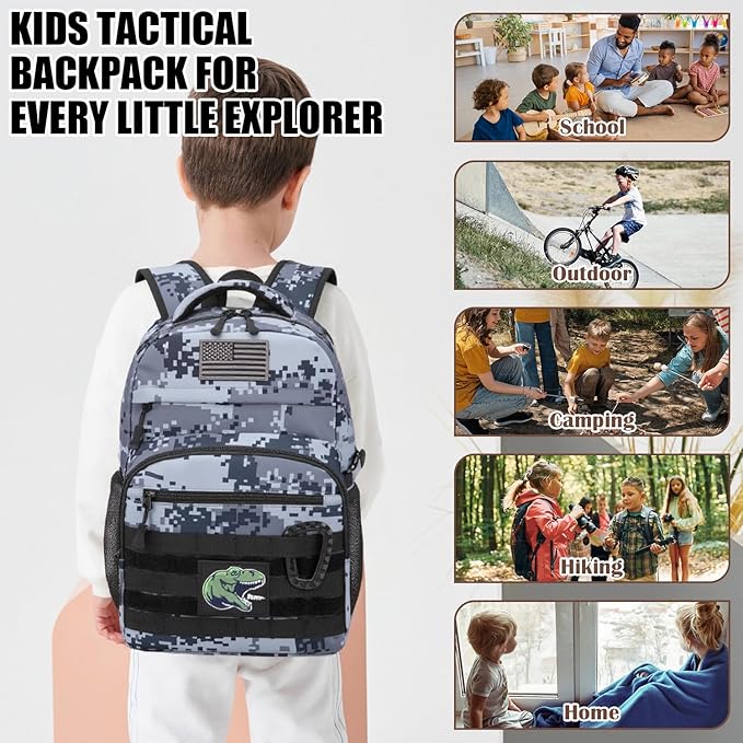 Kids Tactical Backpack Army Molle Bookbag Military Boys Backpack for School, Outdoor, Camping (Includes 2 Patches+1Carabiner), Black Digital CM