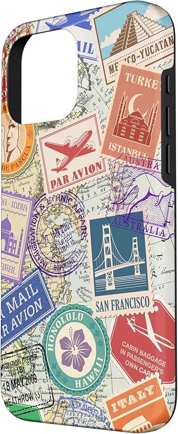 World Map Travel Passport Stamps Postage Stamp Case for iPhone 16 Pro Max