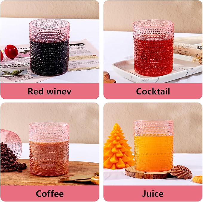 YOUBET 24PCS Plastic Drinking Glasses - 14OZ Pink Hobnail Drinkware Glasses - Vintage Glassware Textured Beaded Cups for Water, Beer, Whiskey, Juice and Various Mixed Drinks Mothers Day