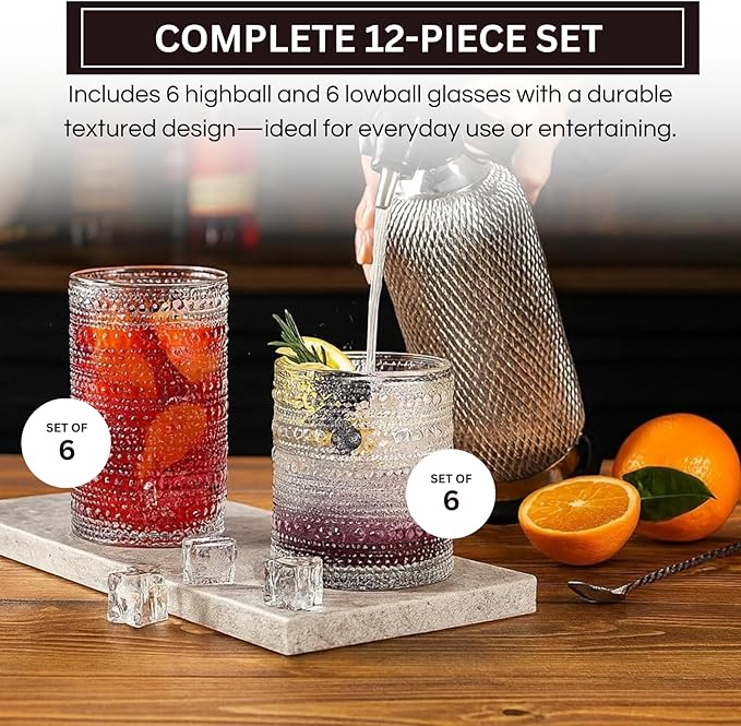 Khen Vintage Hobnail Drinking Glasses Set of 12, 13oz Highball Glasses & 10 oz Lowball Tumblers, Kitchen Water Glasses Cup, Bar Water, Juice, Cocktails Beer, Milk Indoor/Outdoor Bar & Party Drinkware