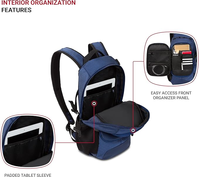SwissGear 3598 Backpack, Narrow Daypack, Ideal for Commuting and School, Navy Ballistic