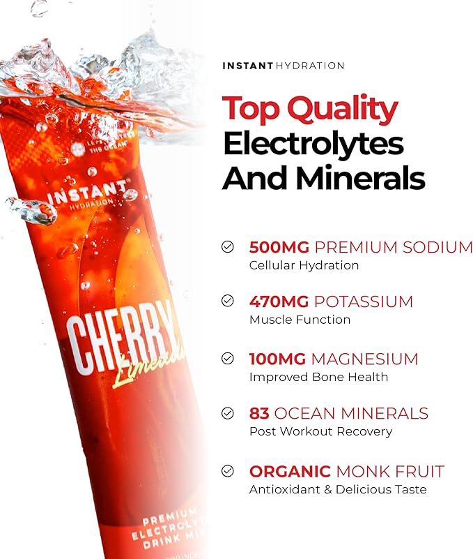 Instant Hydration Sugar Free Electrolytes Powder Packets - Shawn Johnson Cherry Limeade Electrolyte Drink Mix & Travel Essentials - Boost Recovery, Brain Health, Muscle & Tissue Support - 20 Count