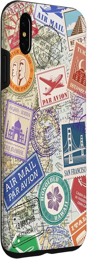 World Map Travel Passport Stamps Postage Stamp Case for iPhone Xs Max