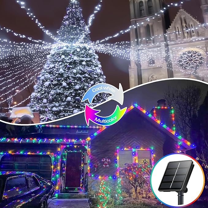Cool White and Multicolor Color Changing Solar String Lights for Outside, 2 Pack 400LED Solar Fairy Lights Outdoor, Waterproof Copper Wire with 8 Modes Solar Twinkle Lights for Tree Garden Xmas Decor