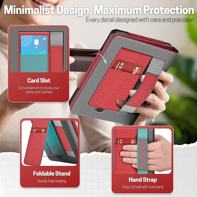 TNP Stand Case with Strap for Kindle Paperwhite 12th Gen 2024 / Kindle Colorsoft Signature Edition - 7" PU Leather Protective Folio Cover with Auto Wake/Sleep & Card Slot, Red
