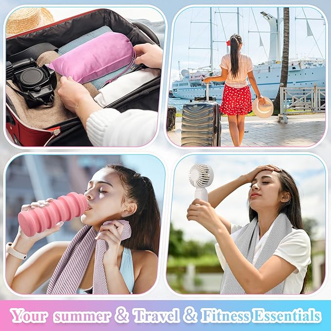 10 Set Theme Park Necessities Cruise Ship Accessory Kit Collapsible Water Bottle Cooling Towel Fan Drawstring Bag for Summer Amusement Park Outdoor Team Travel Cruise Gifts Fitness Sport Favor