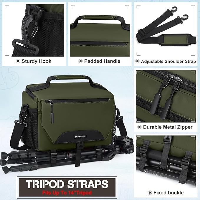 RAINSMORE Camera Bag, DSLR/SLR/Mirrorless Small Camera Sling Bag Waterproof Camera Case with Tripod Holder & Rain Cover Compact Crossbody Camera Bags for Photographers Everyday Shoulder Bags, Green
