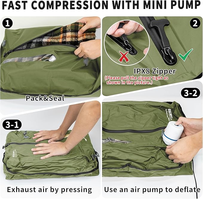 Reusable Vacuum Bags for Travel With Pump,Professional Waterproof IPX8 Zipper Vacuum Compression Bag for Suitcases Backpack,Space Saver Bags Packing Organizers for Clothing Packing(3 Pack,Green)