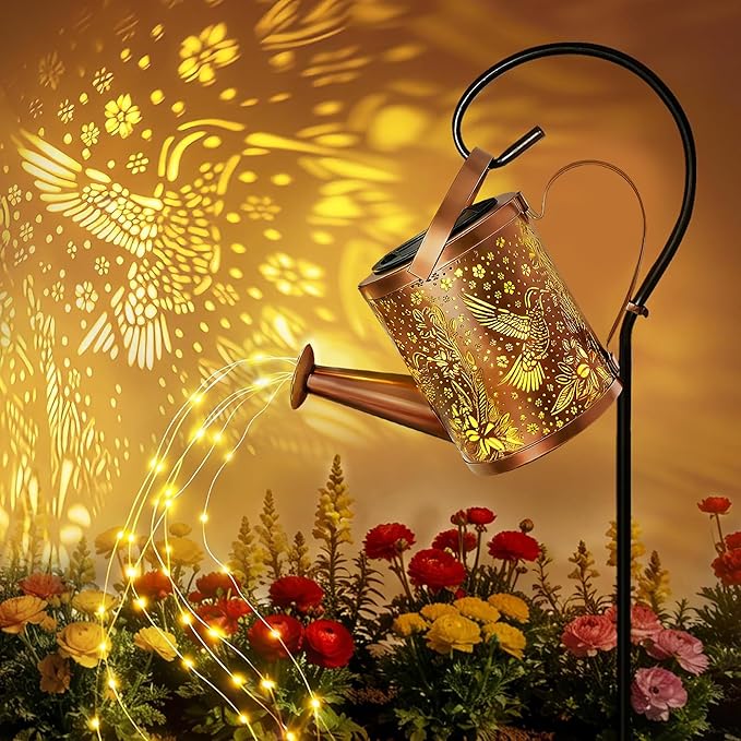 Ollny Solar Watering Can with Cascading Lights Outdoor Garden Decor, Birthday Gifts for Mom Grandma Women, IP65 Waterproof 2 Lighting Modes Hanging Lanterns for Yard Patio Lawn (Hummingbird)