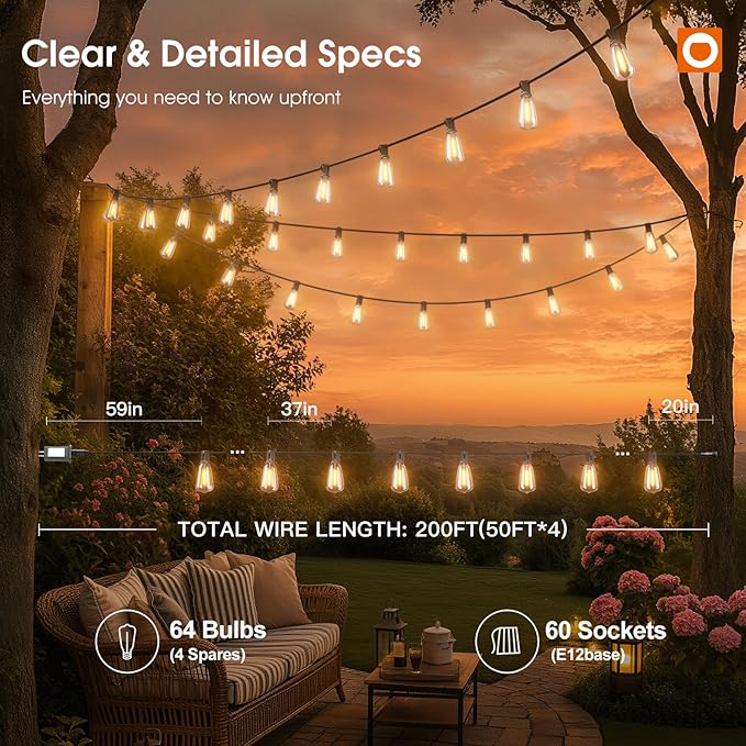 addlon 200FT Outdoor String Lights for Outside with APP Control Waterproof Patio Lights with Plastic ST38 LED Edison Bulbs Outdoor Lighting Extra Long for Backyard Bistro Porch Garden Pergola Party