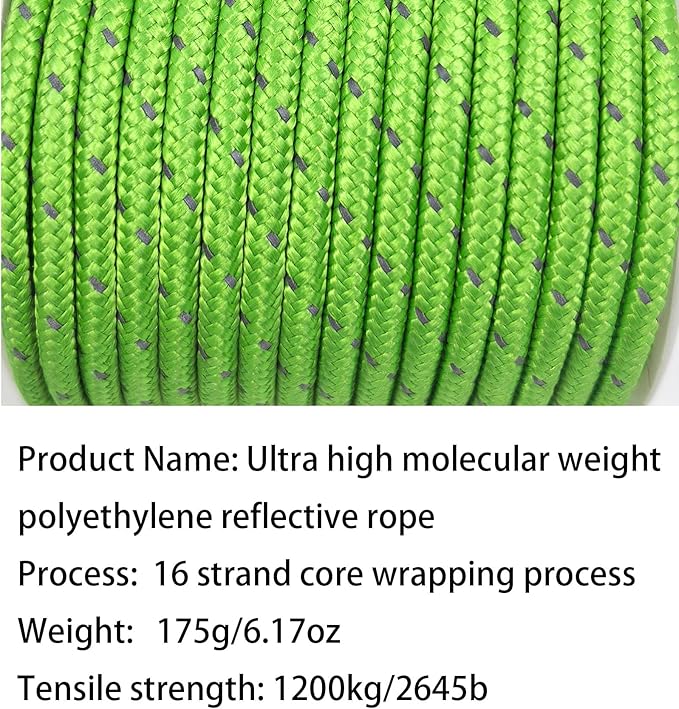 Dyneema Reflective Rope -2mm 400kg Fracture Strain - Suitable for Tents, Kite Surfing, and Other 65 feet (Green, 4mm)