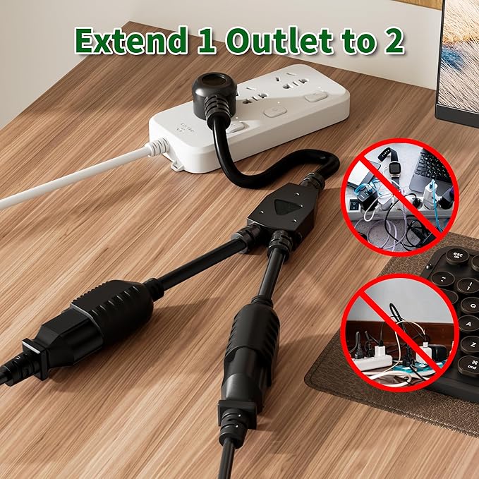 Elecan 3-Prong Y Splitter Power Extension Cord 1 FT, 45-Degree Angled Flat Plug 1 to 2 Way Outlet Space Saver, Heavy Duty Weatherproof SJTW, 16AWG 13A, 5-15P Cable Extender for Indoor Outdoor-ETL