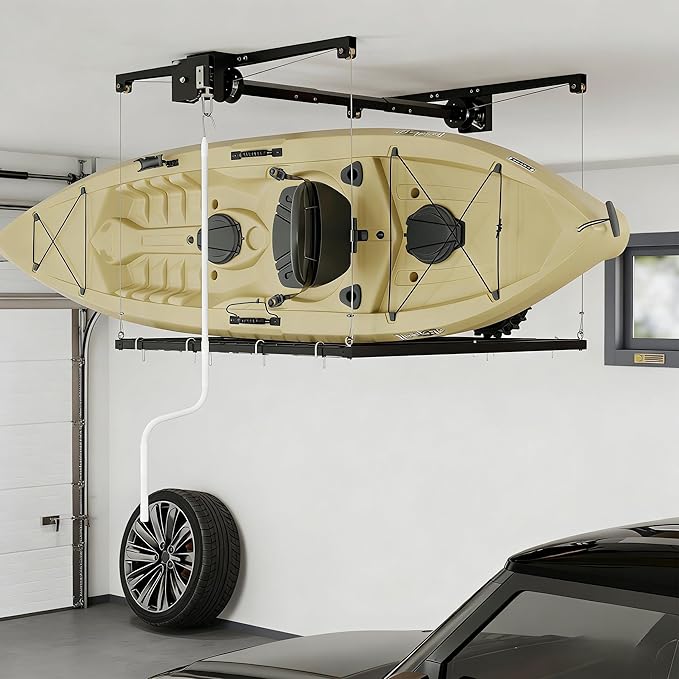 4x4 FT Overhead Garage Lifting Storage Rack, 350 lbs Capacity & 79" Lifting, Metal Garage Ceiling Rack, Adjustable Storage System with Safety Lock