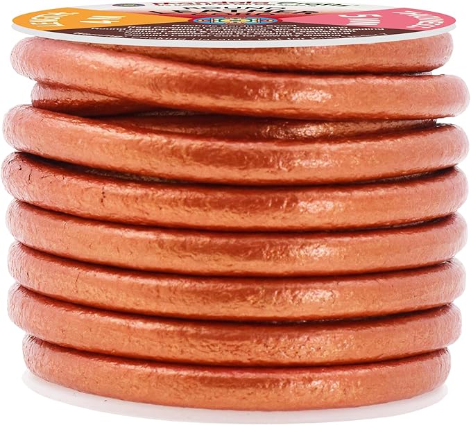 Mandala Crafts Round Genuine Copper Leather Cord for Jewelry Making – 5mm Cowhide Leather Rope String Lace for Kumihimo – 4.4 Yards Cowhide Craft Cording Spool