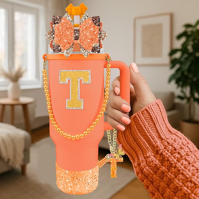 9PCS Orange for Stanley Cup Accessories Set Bling Initials Bow Charms for Stanley Decorations 30/40 Oz Tumbler Accessories Including Bow Straw Topper, Handle Strap, Spill Stopper（Letter T）