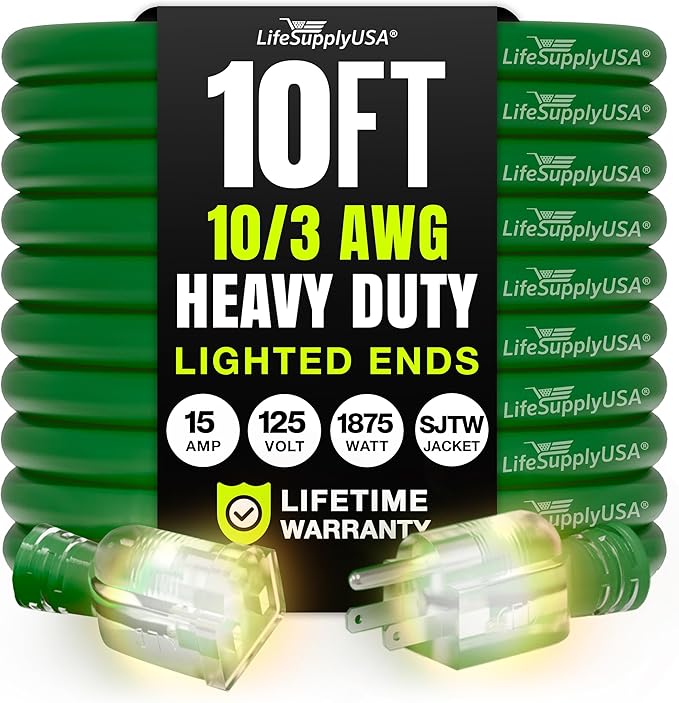 10ft Outdoor/Indoor Extension Cord 10/3 Gauge Ultra Heavy Duty 3 Prong SJTW, Waterproof, Flexible Cold-Resistant Long Power Cord,15A 125V 1875W, Green by LifeSupplyUSA