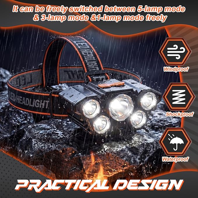 10 Pack Rechargeable Headlamp, USB Rechargeable LED Head Lamp Bulk, 4 Mode 90° Angle Adjustable Focus Head Lights for Forehead, Waterproof Headlamps for Adult Outdoor Camping Hiking Fishing Hunting