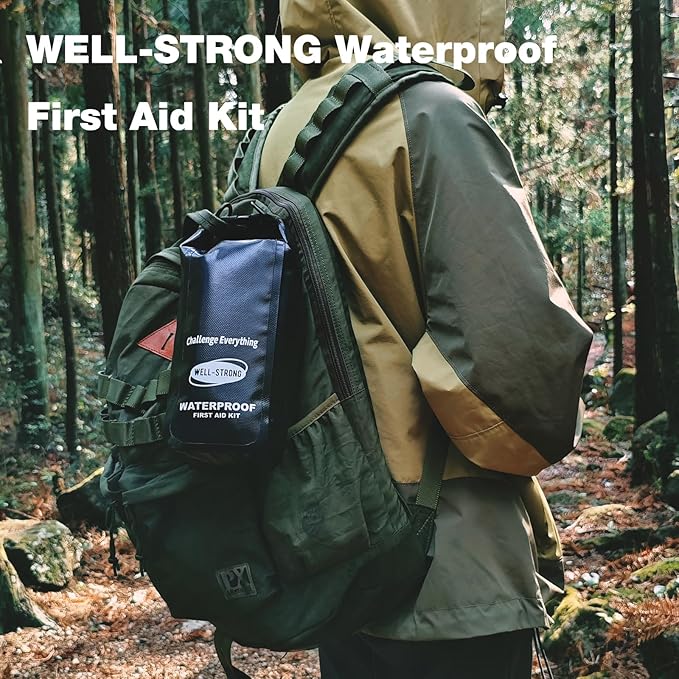 Boat First Aid Kit Waterproof, WELL-STRONG Marine Emergency Kit with Roll Top Dry Bag for Boating Fishing Kayaking – Water-Resistant Contents for Camping & Beach（Black）