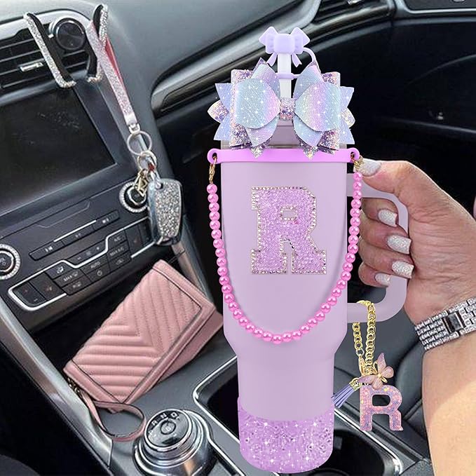 9PCS Purple for Stanley Cup Accessories Set Bling Initials Bow Charms for Stanley Decorations 30/40 Oz Tumbler Accessories Including Bow Straw Topper, Handle Strap, Spill Stopper（Letter R）