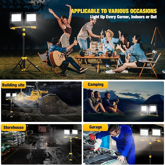 Upgraded LED Work Lights with Stand, 2-Head Adjustable Work Light, Waterproof Tripod Worklights with 16.5 FT Cord for Outdoor & Indoor Job Sites, Workshops, Construction, Garage Lighting
