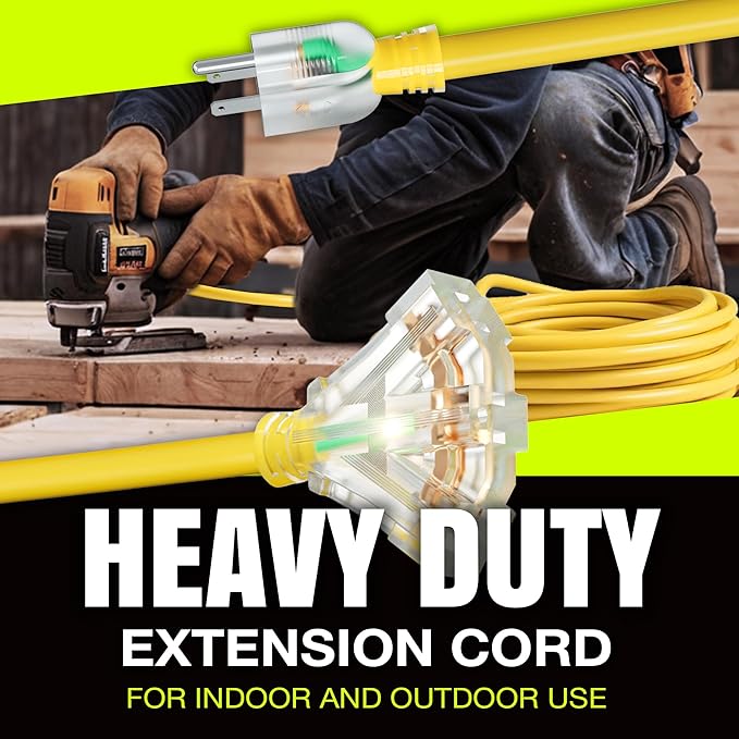 10ft Outdoor/Indoor Extension Cord 3-Outlet 12/3 Gauge Extra Heavy Duty 3 Prong SJTW, Waterproof, Flexible Cold-Resistant Long Power Cord,15A 125V 1875W, Yellow by LifeSupplyUSA