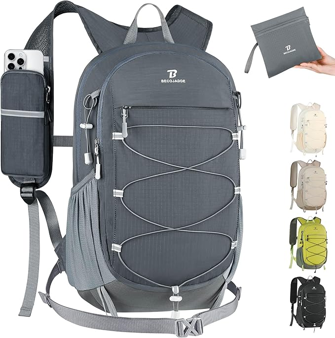 BECOJADDE Hiking Backpack 20L Small Backpack Packable Day pack Water Resistant Lightweight Travel Backpack for Women Men with Shoulder Strap Pockets for Hiking Camping Outdoor, Grey