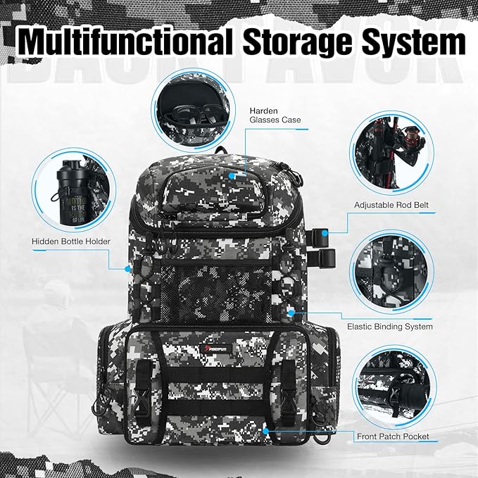 Piscifun Fishing Tackle Backpack with Rod Holders & 4 Tackle Boxes, 42L Outdoor Fishing Bag with Waterproof Rain Cover