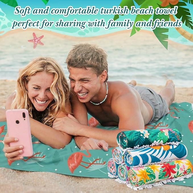 Peryiter 24 Pack Microfiber Oversize Turkish Beach Towel Set 12 Large Absorbent Beach Towels with 12 Storage Bag 28 x 55 Quick Dry Lightweight Bath Towel Blanket for Hawaii Camp Swim Pool(Flamingos)