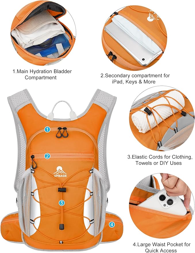 Hydration Backpack with 2L Water Bladder - Lightweight 15L Daypack with Phone-Sized Hip Belt Pockets, Anti-Chafe Cotton Edging & No-Bounce Straps - Small Water Backpack for Hiking, Running, Skiing