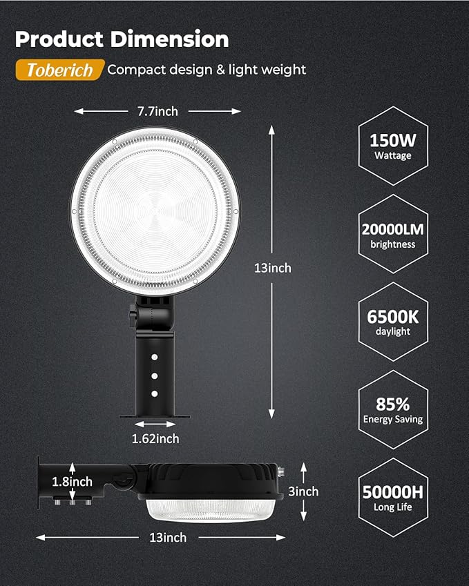 toberich LED Barn Light 2 Packs, 150W 20000LM Yard Area Lights Dusk to Dawn Outdoor Lighting with Upgraded Photocell 6500K Adjustable Angle Daylight IP66 Waterproof Street Lights for Farmhouse/Garage