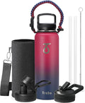 Trebo 40oz Water Bottle with 3 Lid and handle, Vacuum Insulated Stainless Steel Metal Outdoor Leakproof BPA-Free Flask, Keep Cold 48 Hours Water Jug, Best Gift for Men Women Holiday, Ruby Red