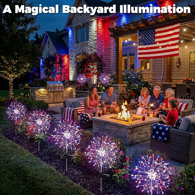suddus 4th of July Decorations Solar Garden Lights, Upgrade 2Pack 150LED Red White Blue Solar Firework Lights with 8 Modes Outdoor, Starburst Fairy Lights Waterproof Yard for Independence Day Decor