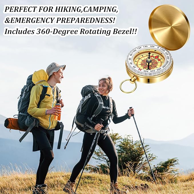 Brass Compass for Hiking Large Dial Pocket Compass with Keychain Loop Camping Survival Compass Ideal Metal Navigation Tool for Teen Scouts Men Hiking Camping Hunting Outdoor (Gold)