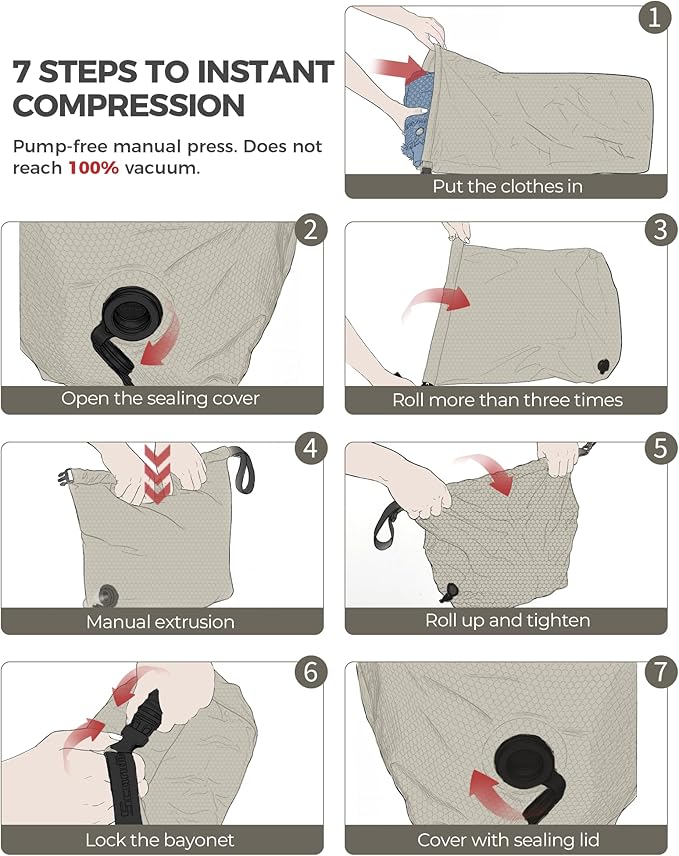 Travel Laundry Bag, Pump Free Vacuum Storage Bag Reusable Compression Dirty Clothes Travel Bag Waterproof Wet Dry Bags Large Capacity Space Saver Bags Camp Clothes Organizer (1 Pcs)(Gray, M)