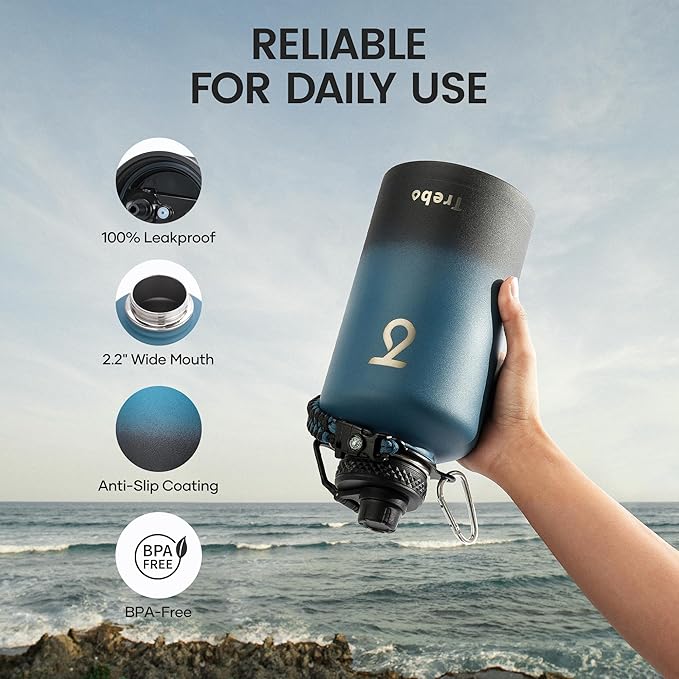 Trebo Water Bottle 64oz with Paracord Handle, Half Gallon Large Vacuum Triple Wall Stainless Steel Insulated Water Jug with Holder Strap Straw Spout Lids, Leakproof Keep Cold & Hot, Indigo/Black