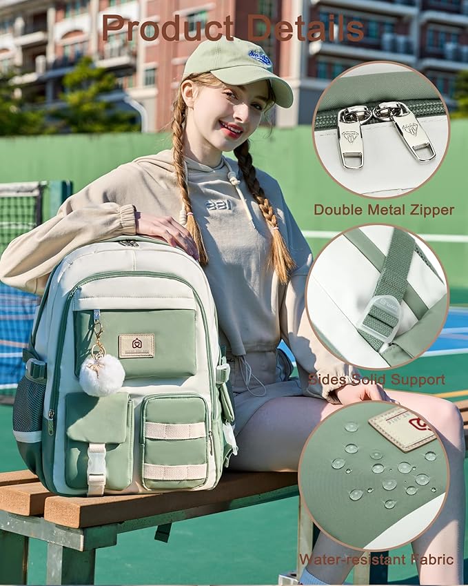 Hidds Laptop Backpack For College Women Elementary Middle High School Bag Teen Girls Bookbag Travel Daypack Backpacks (Green Beige)