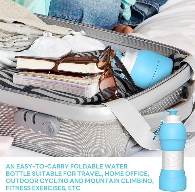 Collapsible Lightweight 20oz Water Bottle, Food-Grade Silicone BPA Free, Foldable Portable Leak Proof Office Travel Cycling Sports Outdoor Water Bottle with Vertical Hook (blue, long nozzle)