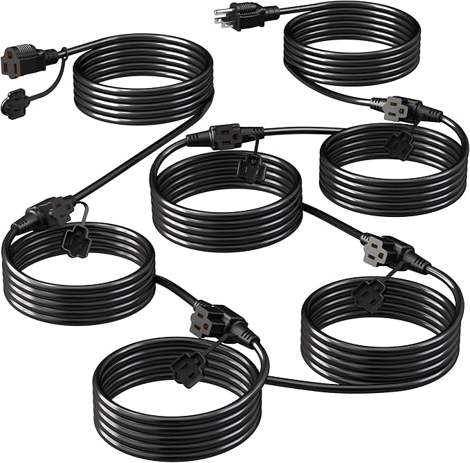 Eversimpleinc Black Outdoor Extension Cord with Multiple Outlets, (50FT 6 Outlets) Evenly Spaced with Weatherproof Cover, Ideal for Christmas Decoration Patio, 16AWG/3C SJTW, ETL Listed