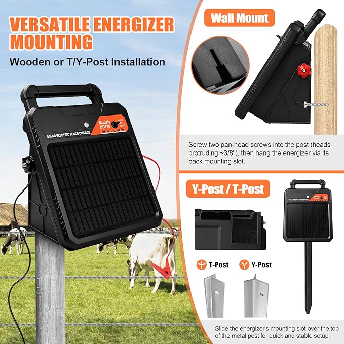 10 Miles Solar Electric Fence Charger 0.16J Portable Fence Energizer, Solar Fence Charger for Livestock Defense, 24-Hour Uninterrupted Protection