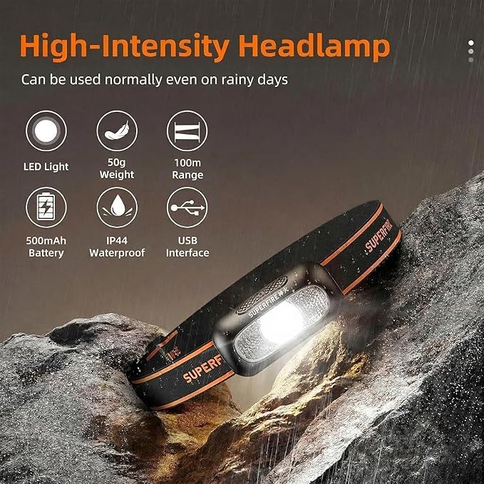 SuperFire Rechargeable Headlamp, 1.76 oz Ultra-Lightweight LED Running Headlamp with Red Flashing Light, Wide Beam, Zero-Bounce, 8H Runtime, IP44 Waterproof for Night Running, Hiking, Camping