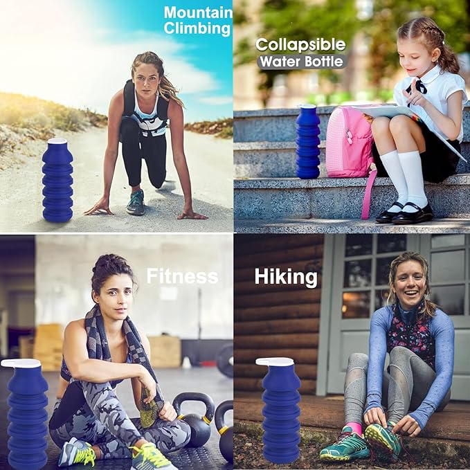 Collapsible Silicone Water Bottle 20oz - Foldable Travel Bottle Leakproof, BPA Free, Space Saving for Gym, Hiking & Travel, Dishwasher Safe(Includes carabiner and cleaning brush),dark blue