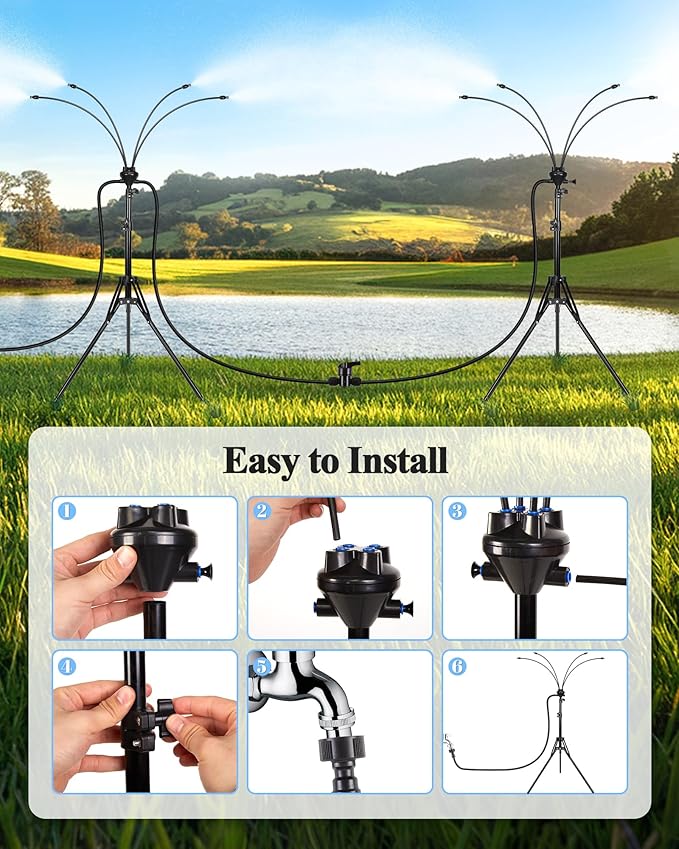 Rafow Standing Misters for Outside Patio - Adjustable Height 3.6-5.2FT Misting System Line 26.5FT Portable Water Misters for Cooling Outdoor with Tripod Base Stand Mister for Backyard Pool BBQ Party