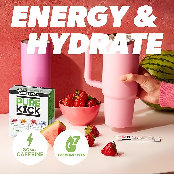 PURE KICK Energy and Hydrate Singles To Go Drink Mix Variety Pack, Black cherry Pomegranate, Orange Passion Fruit, Strawberry watermelon and Concord Grape, 30 Count (Pack - 1)