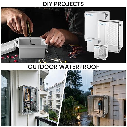 TICONN Outdoor Electrical Box Waterproof, Junction Box IP67 ABS Plastic Enclosure with Hinged Cover with Mounting Plate, Wall Brackets, Cable Glands (Clear, 10.2"x6.3"x3.9")