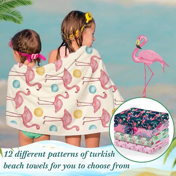 Peryiter 24 Pack Microfiber Oversize Turkish Beach Towel Set 12 Large Absorbent Beach Towels with 12 Storage Bag 28 x 55 Quick Dry Lightweight Bath Towel Blanket for Hawaii Camp Swim Pool(Flamingos)
