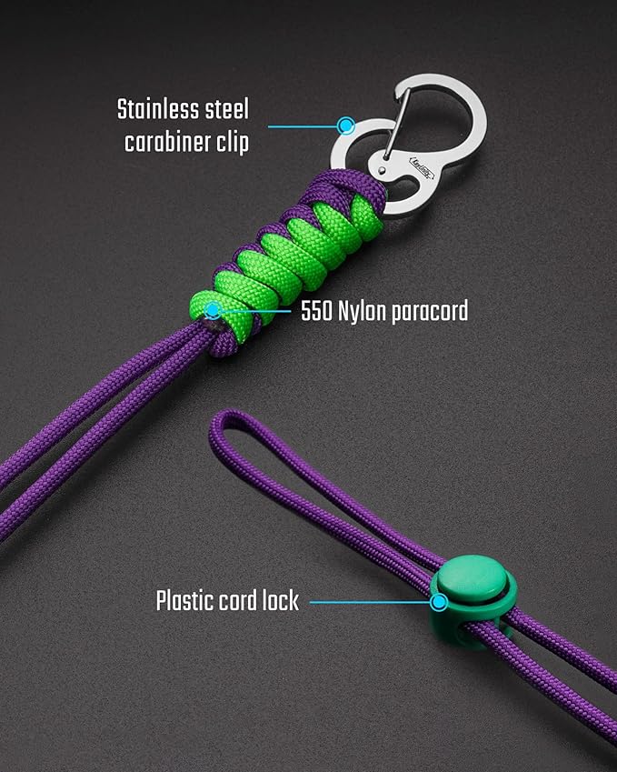 KeyUnity KC01 Braided Paracord Carabiner with Cord Lock, Keychain Phone Camera Bag Wrist Hand Strap for Daily & Outdoor