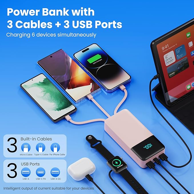 Portable Charger 50800mAh Power Bank with 3 Built in Cables,25W PD QC4.0 Fast Charging USB C Battery Pack,6 Outputs 2 Inputs Travel Essentials Phone Charger for iPhone 17/16/15,Google,Android,Pink
