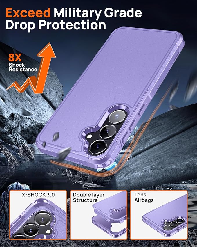 Lanhiem for Samsung Galaxy S25 S24 Phone Case with Tempered Glass Screen Protector, Shock Absorption, Anti-Scratch Shockproof Case Cover for Samsung S25 S24, Purple
