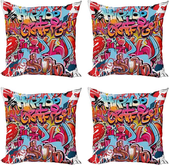 Ambesonne Graphic Throw Pillow Cushion Case Pack of 4, Hip Hop Street Culture Harlem New York City Wall Graffiti Art Spray Art Image, Modern Accent Double-Sided Digital Printing, 18", Pink Red