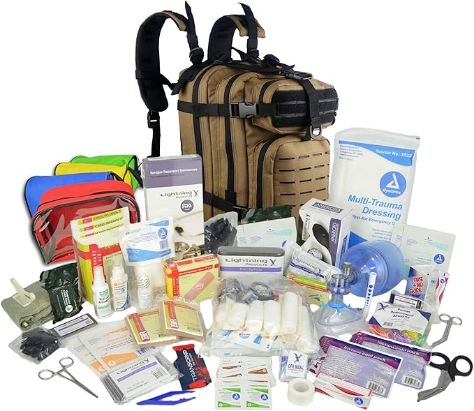 Lightning X Stocked EMS/EMT Trauma & Bleeding First Aid Responder Medical Back Pack + Kit + Pouches - TAN